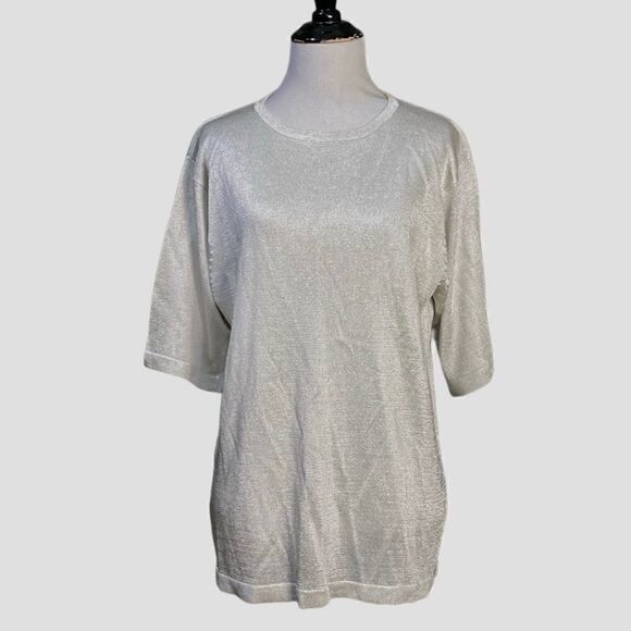 Vintage Jacqueline Ferrar Metallic Silver Short Sleeve Knot Sweater Top - Picture 1 of 10